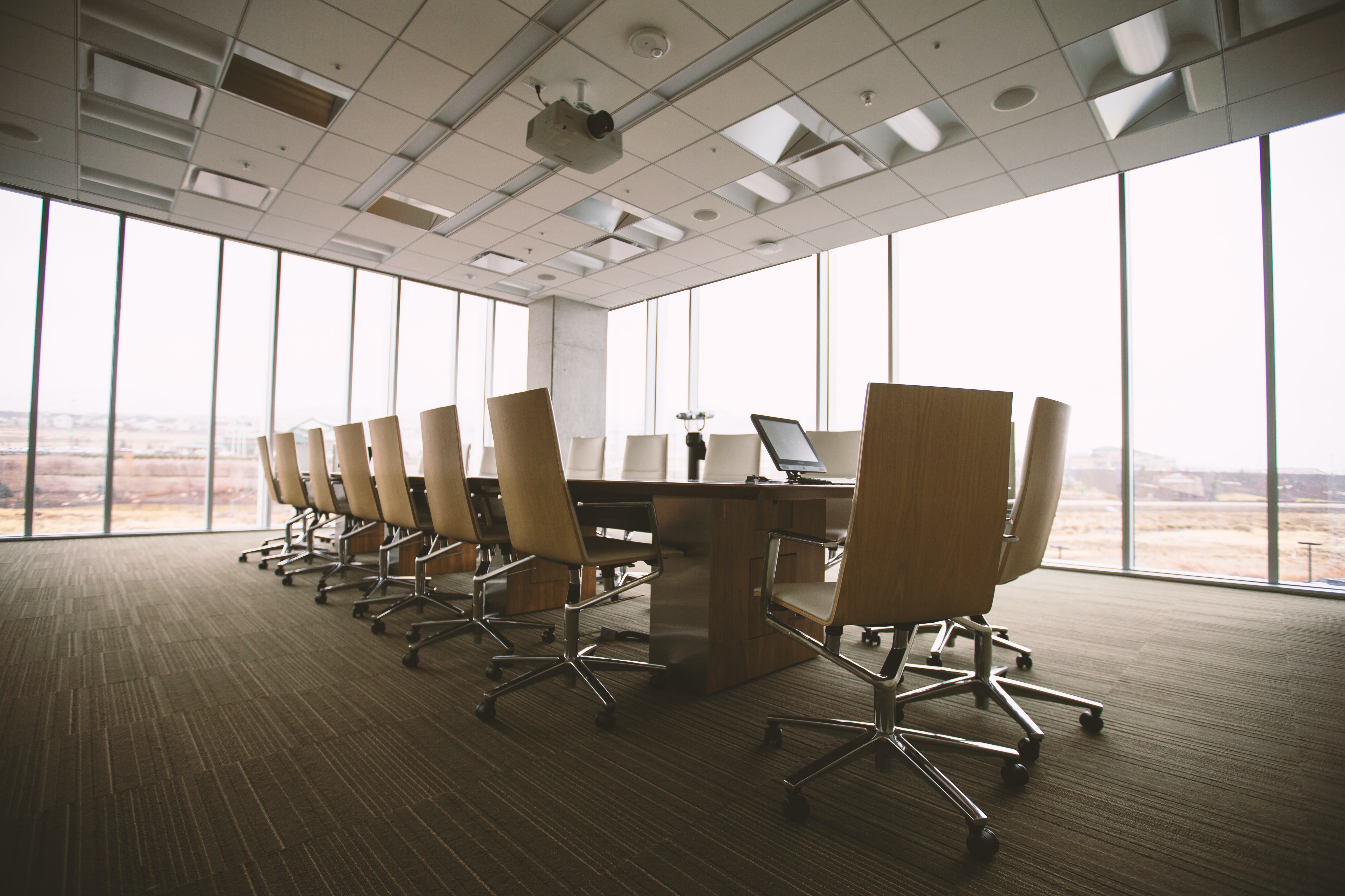 A prepared meeting room awaiting a business team